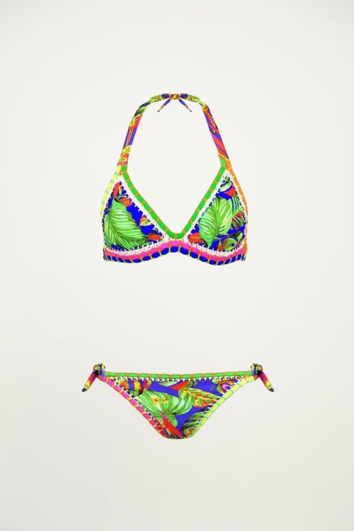 Bikini print blad geborduurd blauw, bikini's