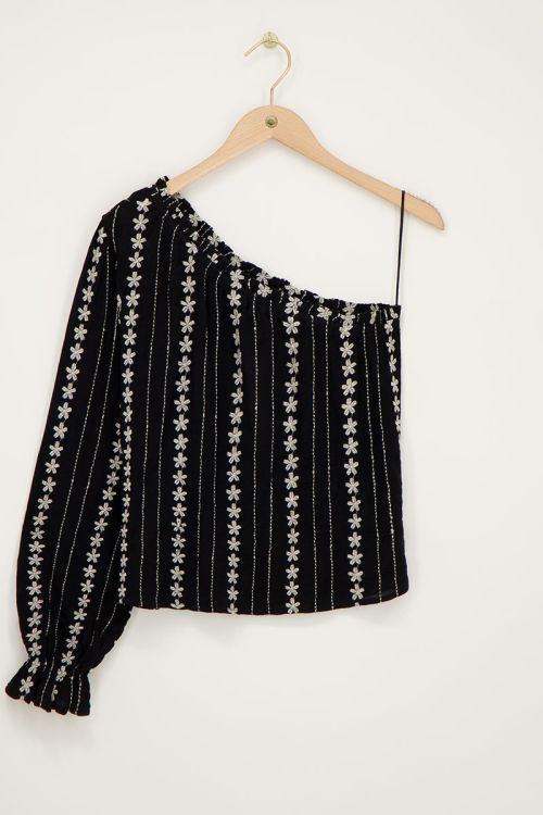 Zwart witte one-shoulder top met embroidery
