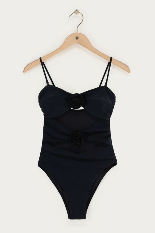 Maillot de bain noir avec découpes et fleurs 3D
