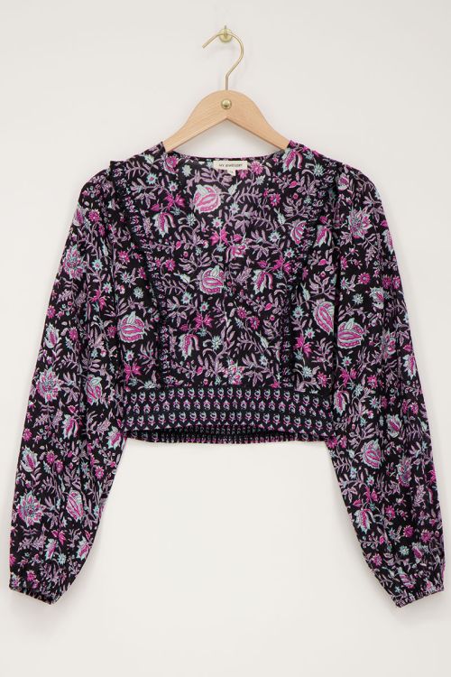 Black crop top with lilac and pink flower print | My Jewellery