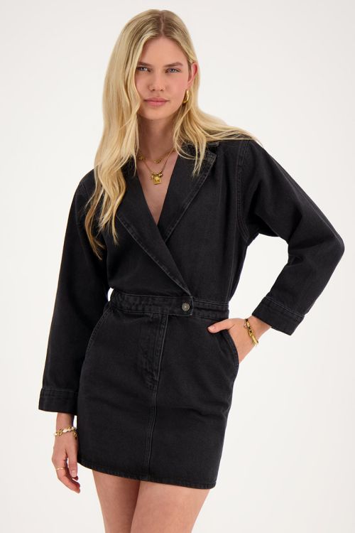 Black denim dress with lapel collar