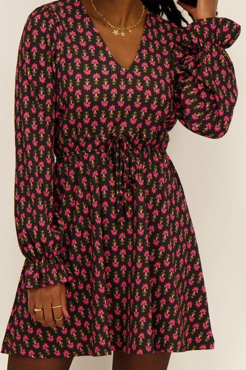 Black dress with pink ornamental print | My Jewellery