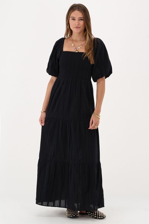 Black maxi dress with smock and puff sleeves