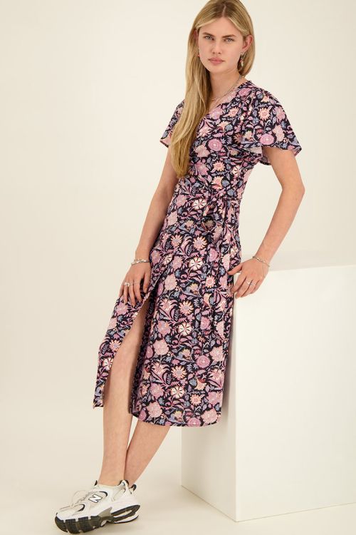 Zwarte midi wikkeljurk met roze bloemenprint | My Jewellery