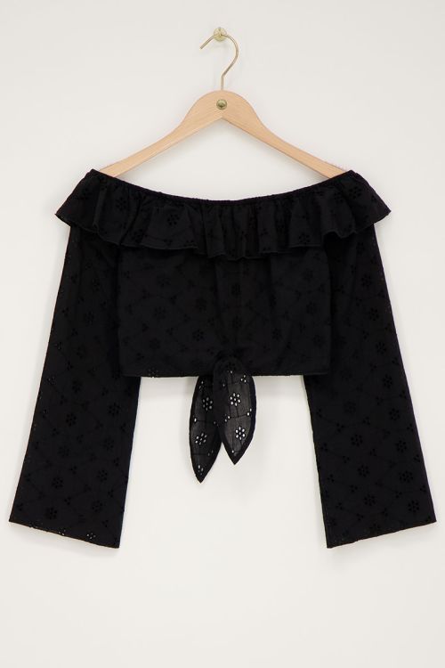 Black off-shoulder top with embroidery and bow detail