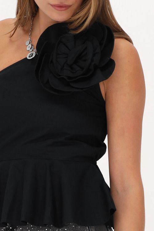 Black one-shoulder top with large flower | My Jewellery