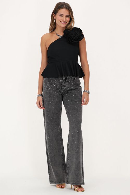Black one-shoulder top with large flower | My Jewellery