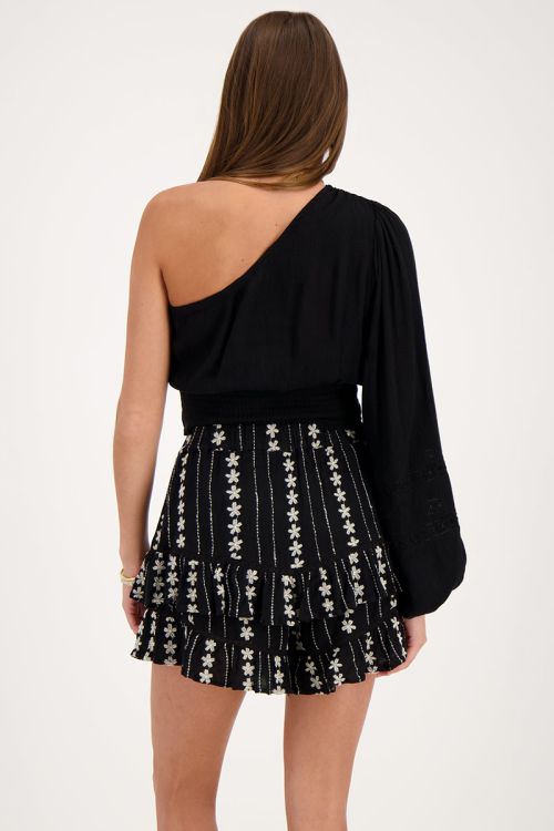Black one-shoulder top with smock and tapes | My Jewellery