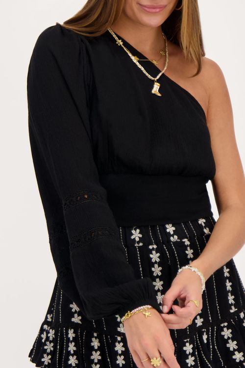 Black one-shoulder top with smock and tapes | My Jewellery
