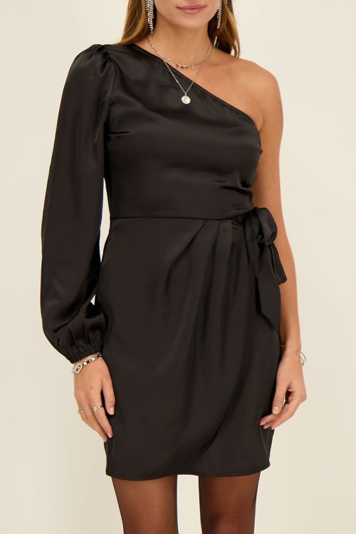 Black satin one-shoulder wrap dress | My Jewellery