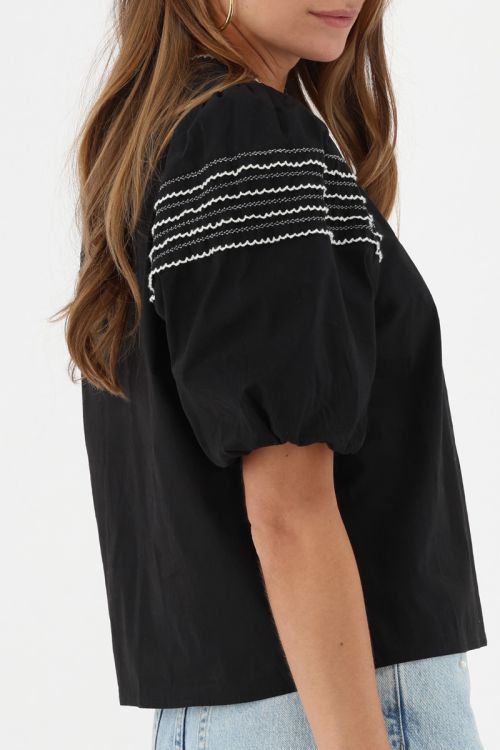Black top with short puff sleeves & embroidery | My Jewellery