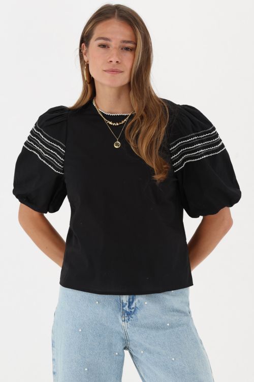 Black top with short puff sleeves & embroidery | My Jewellery