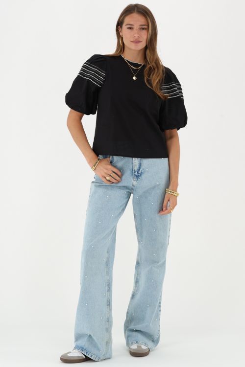 Black top with short puff sleeves & embroidery | My Jewellery