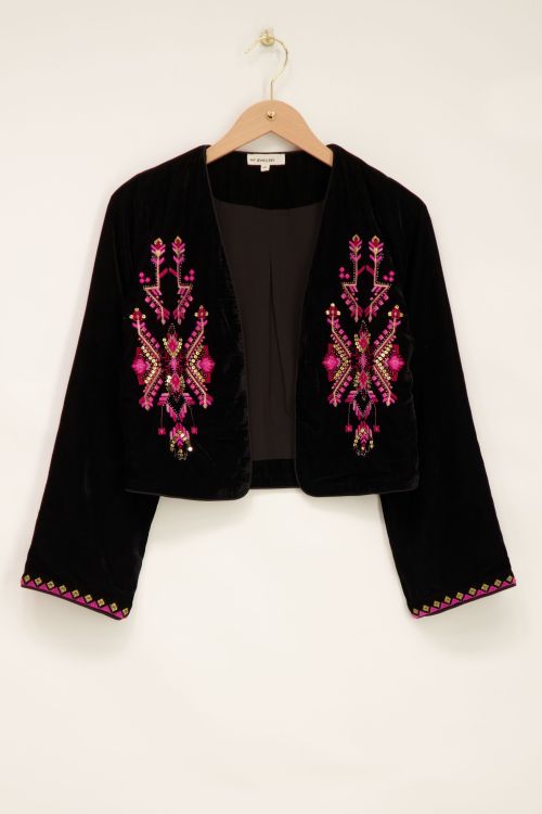 Black velvet jacket with pink embroidery | My Jewellery