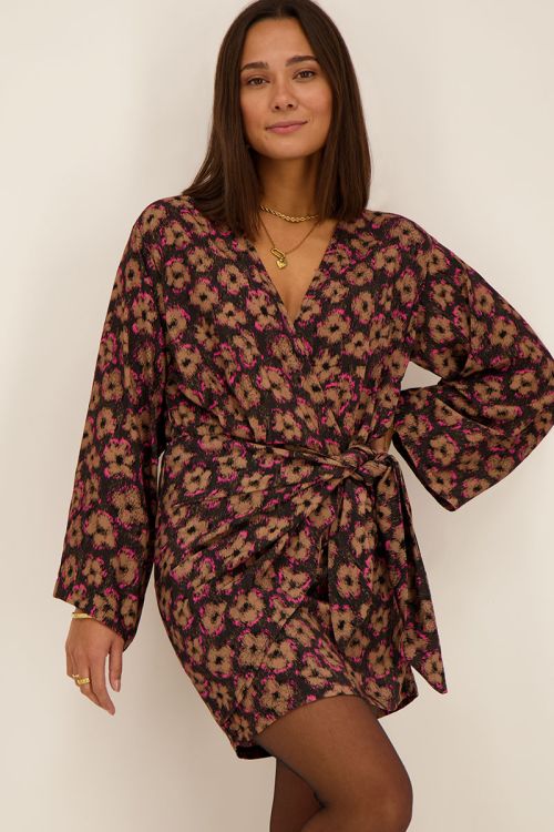 Zwarte jurk met bruine bloemenprint & strik detail | My Jewellery