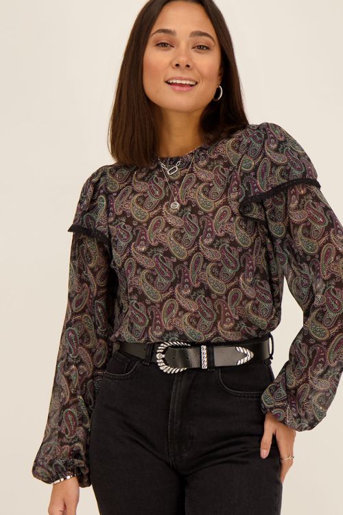 Zwarte blouse met ruffles & paisley print | My Jewellery