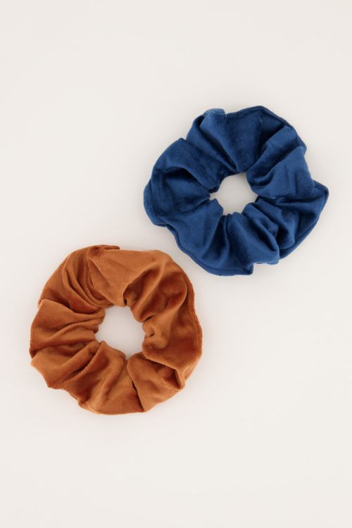 Blauw & bruine velvet scrunchie set