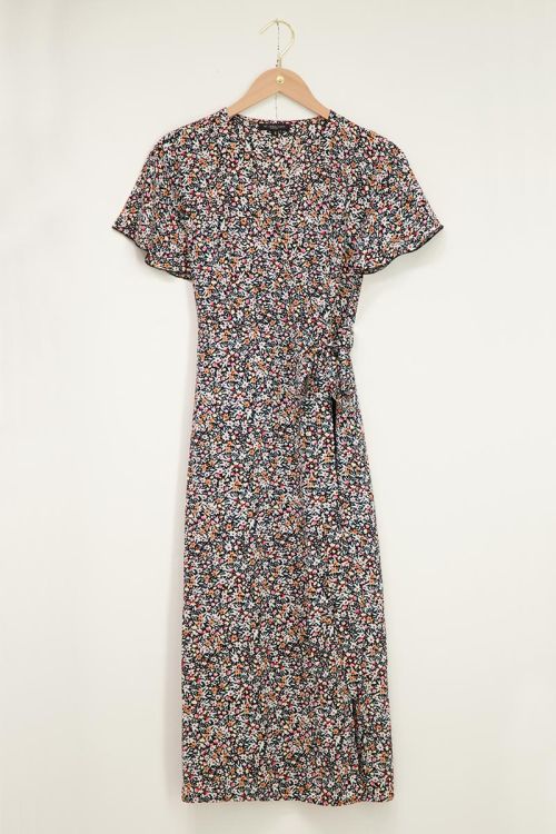 Blauwe midi wikkeljurk met multikleur