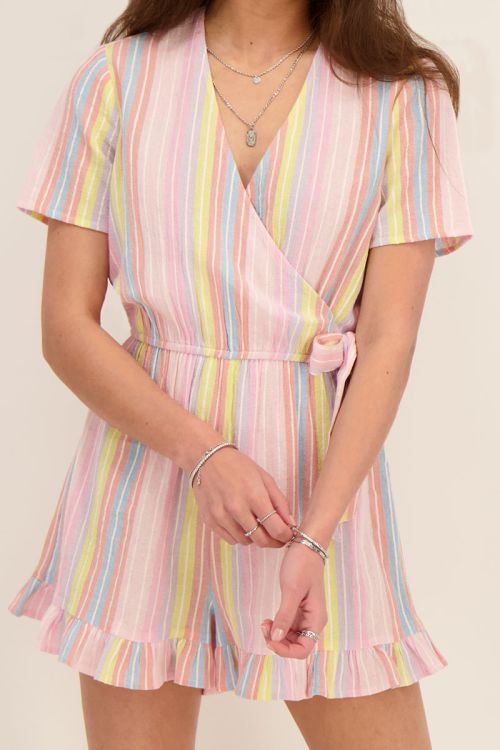 Blauwe playsuit met gekleurde strepen | My Jewellery