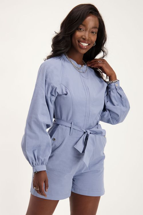 Blauwe playsuit met lange ballon mouw | My Jewellery