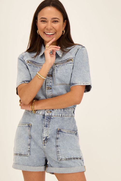 Blauwe spijker playsuit met knopen | My Jewellery