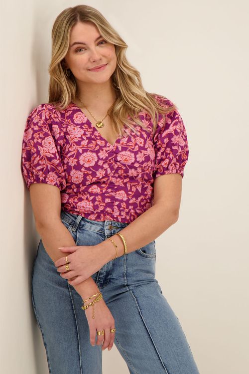 Purple pleated top with pink floral print | My Jewellery