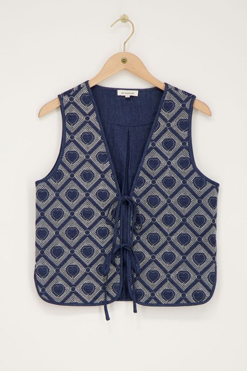 Blue chambray waistcoat with embroidered hearts | My Jewellery