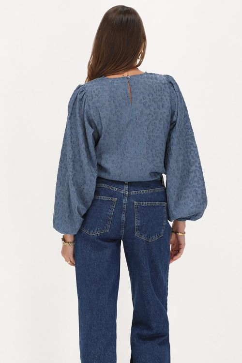 Blue chiffon top with puff sleeves