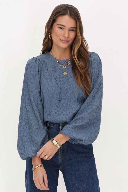Blue chiffon top with puff sleeves