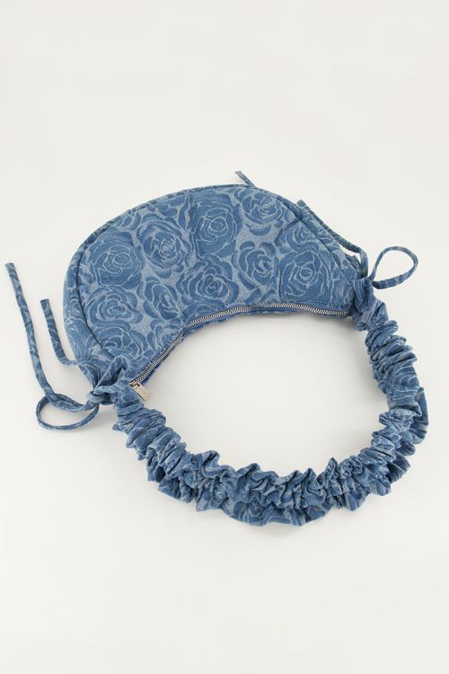 Blue denim ruffled crossbody bag with roses | My Jewellery