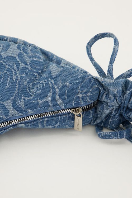 Blue denim ruffled crossbody bag with roses | My Jewellery