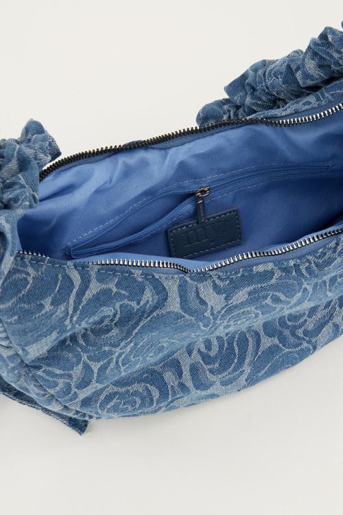 Blue denim ruffled crossbody bag with roses | My Jewellery