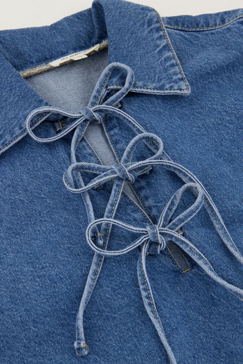 Blue denim dress with flared sleeves and bows | My Jewellery