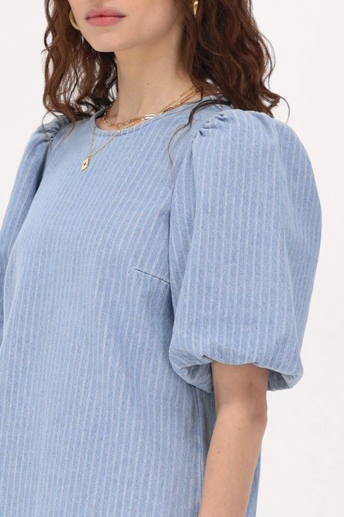 Blue denim dress with stripes & puff sleeves | My Jewellery
