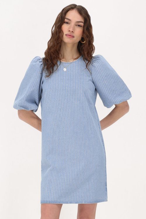Blue denim dress with stripes & puff sleeves | My Jewellery