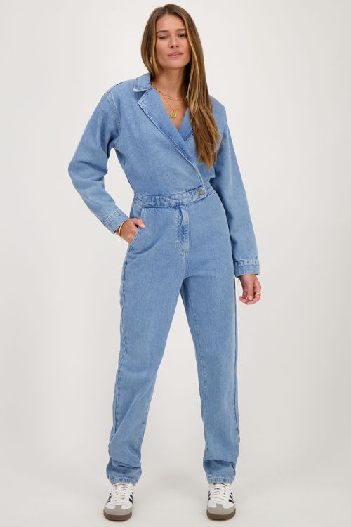 Blue denim jumpsuit with collar | My Jewellery