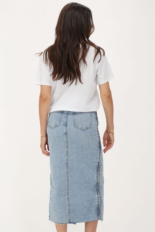 Blue denim midi skirt with braided detail | My Jewellery