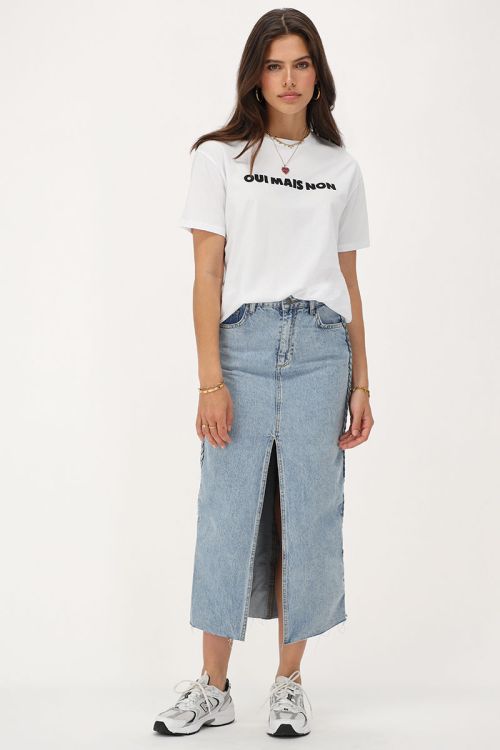 Blue denim midi skirt with braided detail | My Jewellery