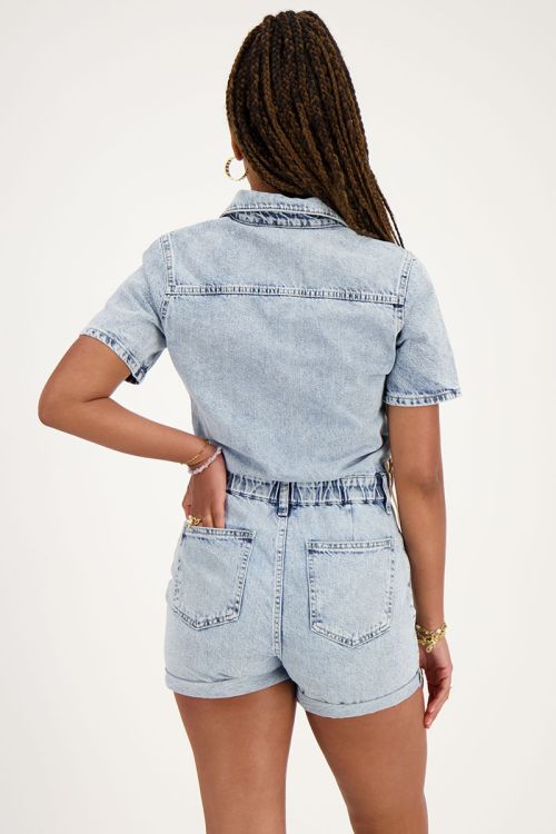 Blue denim playsuit with chest pocket | My Jewellery
