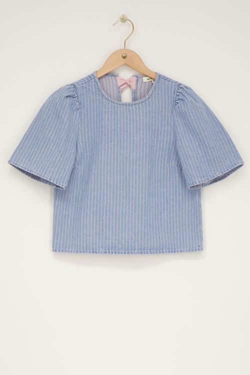 Top en denim bleu avec rayures et nœuds