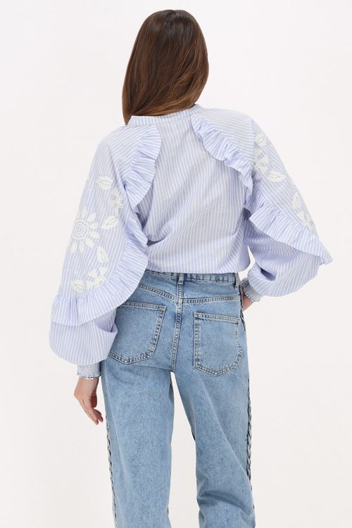 Blue pinstripe blouse with  ruffles and embroidery | My Jewellery