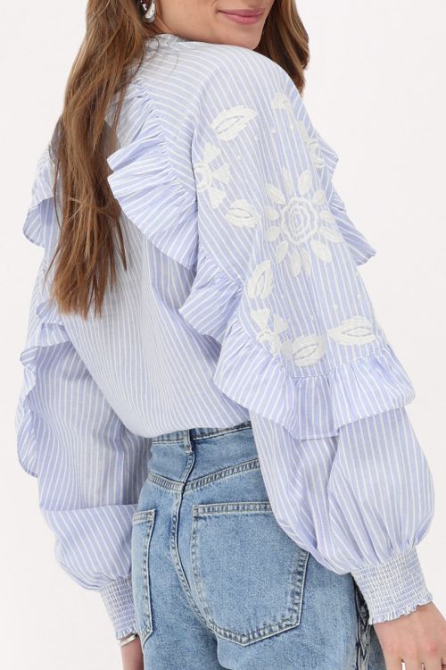 Blue pinstripe blouse with  ruffles and embroidery | My Jewellery