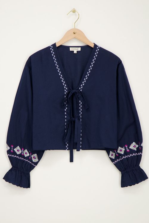 Blauwe top met strikjes & embroidery details