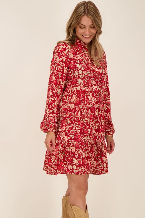 Bordeaux rode blousejurk met bloemenprint | My Jewellery
