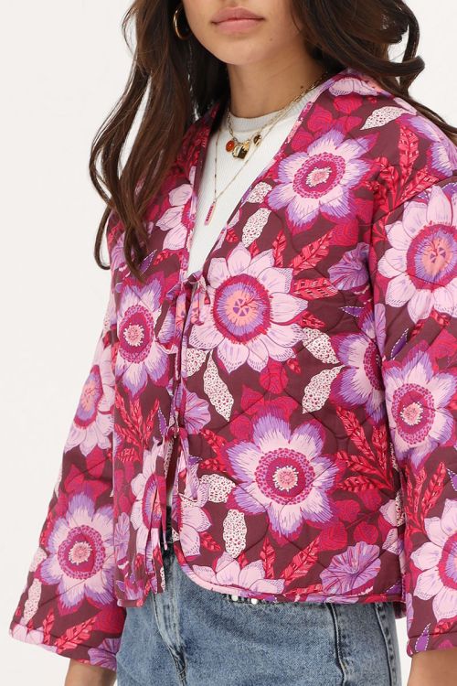 Brown padded jacket with bows and pink floral print | My Jewellery