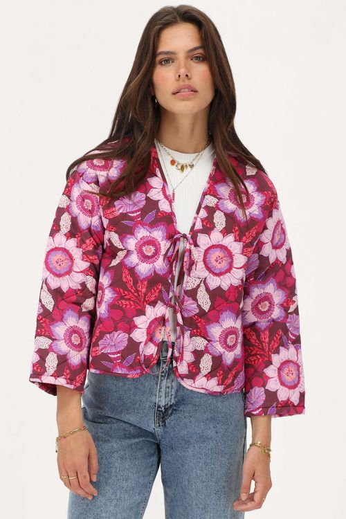 Brown padded jacket with bows and pink floral print | My Jewellery