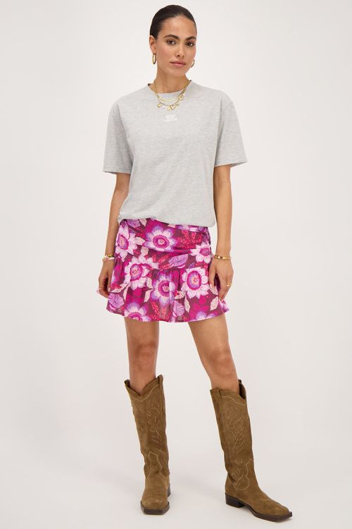 Brown skort with pleats and pink floral print | My Jewellery