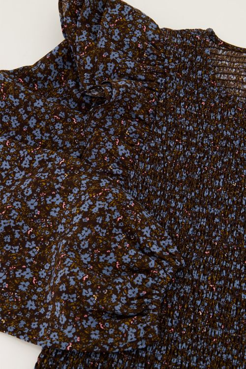 Brown smock top with blue floral print | My Jewellery