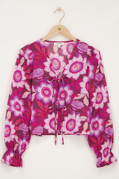 Brown top with bows and pink floral print | My Jewellery
