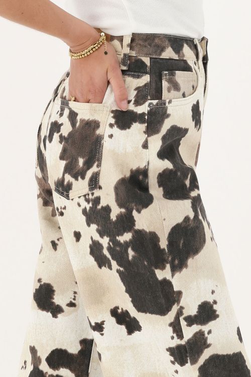 Bruine denim wide leg jeans met koeienprint